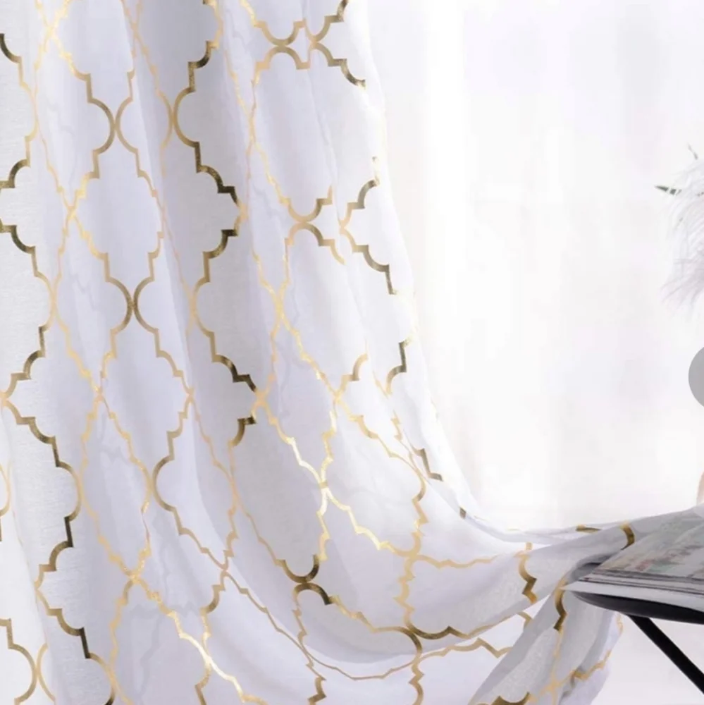 White Sheer Curtains‎ 84 inches Long Trellis Gold Foil Curtains